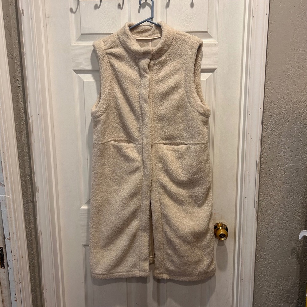 PROLOGUE Womens Long Duster Sherpa Vest Cream Size L Pockets Collar‎ Winter Cozy